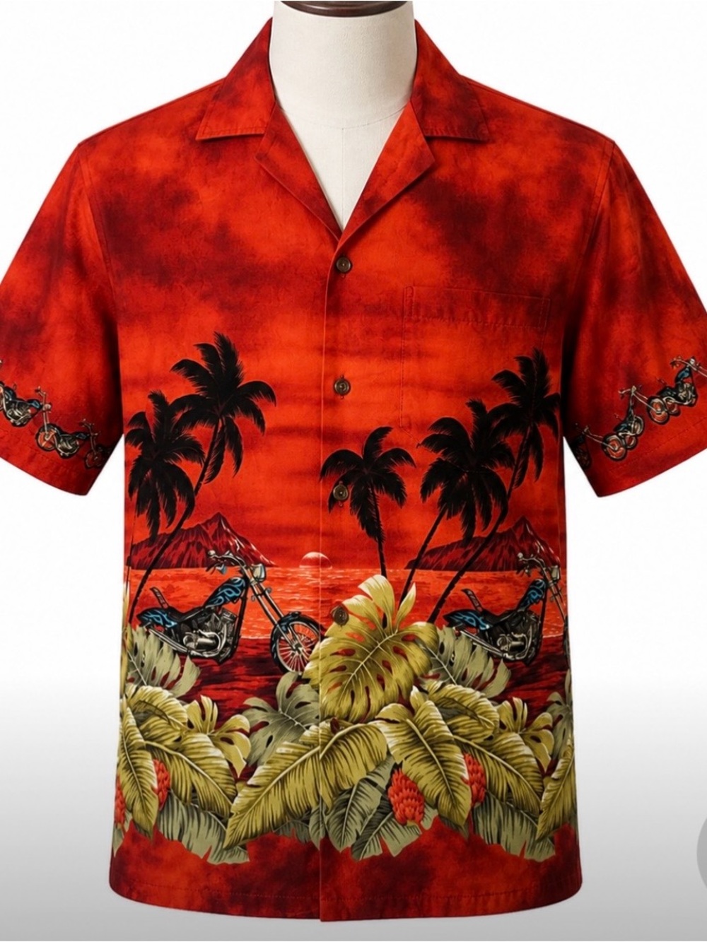 Pacific Legend Hawaiian Motorcycle Sunset Aloha Shirt Red Tropical Rockabilly